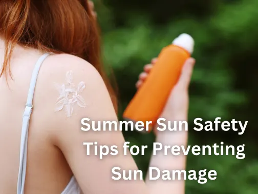 Stock photograph of a model: a woman with red hair, sunscreen smeared on her shoulder, holds an orange spray bottle; text reads "Summer Sun Safety Tips for Preventing Sun Damage"