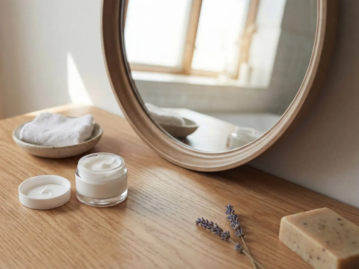 Skincare essentials on a wooden vanity beside a round mirror in soft daylight: an open jar of cream, a bar of soap and a sprig of lavender.