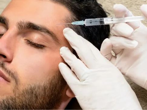 Stock photograph of a model: gloved hands hold a syringe near the forehead of a bearded man lying with his eyes closed