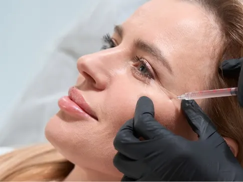 Stock photograph of a model: black-gloved hands inject a syringe near the cheek of a reclining blonde woman
