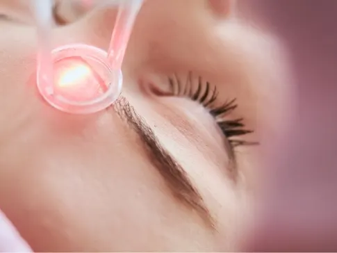 Stock photograph of a model: a pink-gloved hand holds a laser handpiece glowing red-orange above a reclining woman's cheek