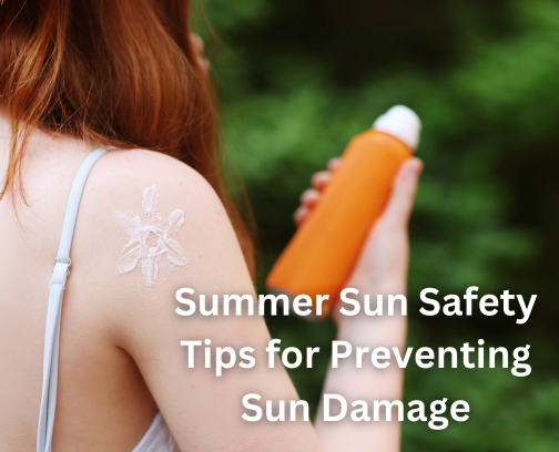 Stock photograph of a model: a woman with red hair, sunscreen smeared on her shoulder, holds an orange spray bottle; text reads "Summer Sun Safety Tips for Preventing Sun Damage"