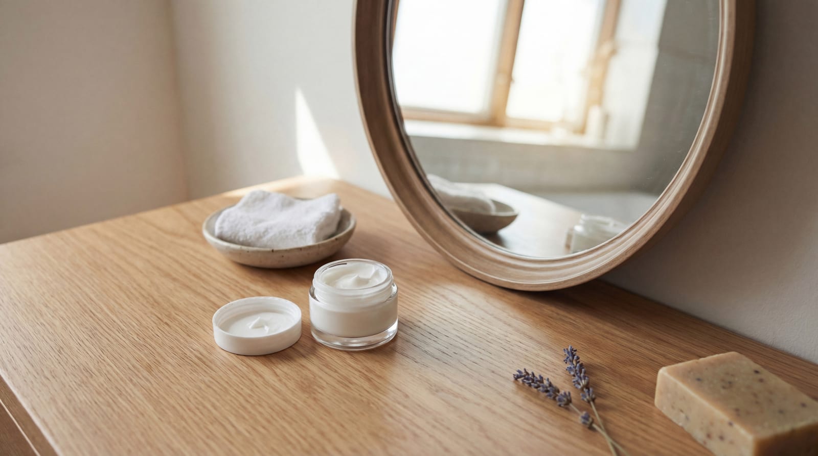 Skincare essentials on a wooden vanity beside a round mirror in soft daylight: an open jar of cream, a bar of soap and a sprig of lavender.