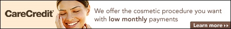 CareCredit banner: a smiling woman beside the words "We offer the cosmetic procedure you want with low monthly payments" and a Learn more button