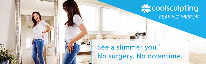 CoolSculpting banner: a woman admiring her figure in a mirror, with the words "See a slimmer you. No surgery. No downtime." and the coolsculpting logo