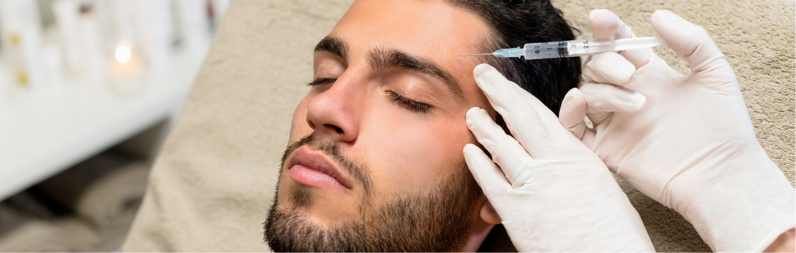 Stock photograph of a model: gloved hands hold a syringe near the forehead of a bearded man lying with his eyes closed