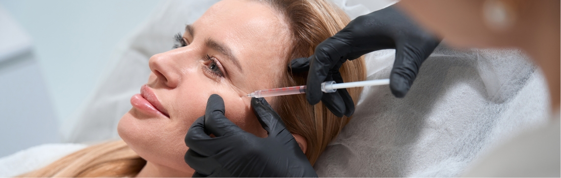 Stock photograph of a model: black-gloved hands inject a syringe near the cheek of a reclining blonde woman
